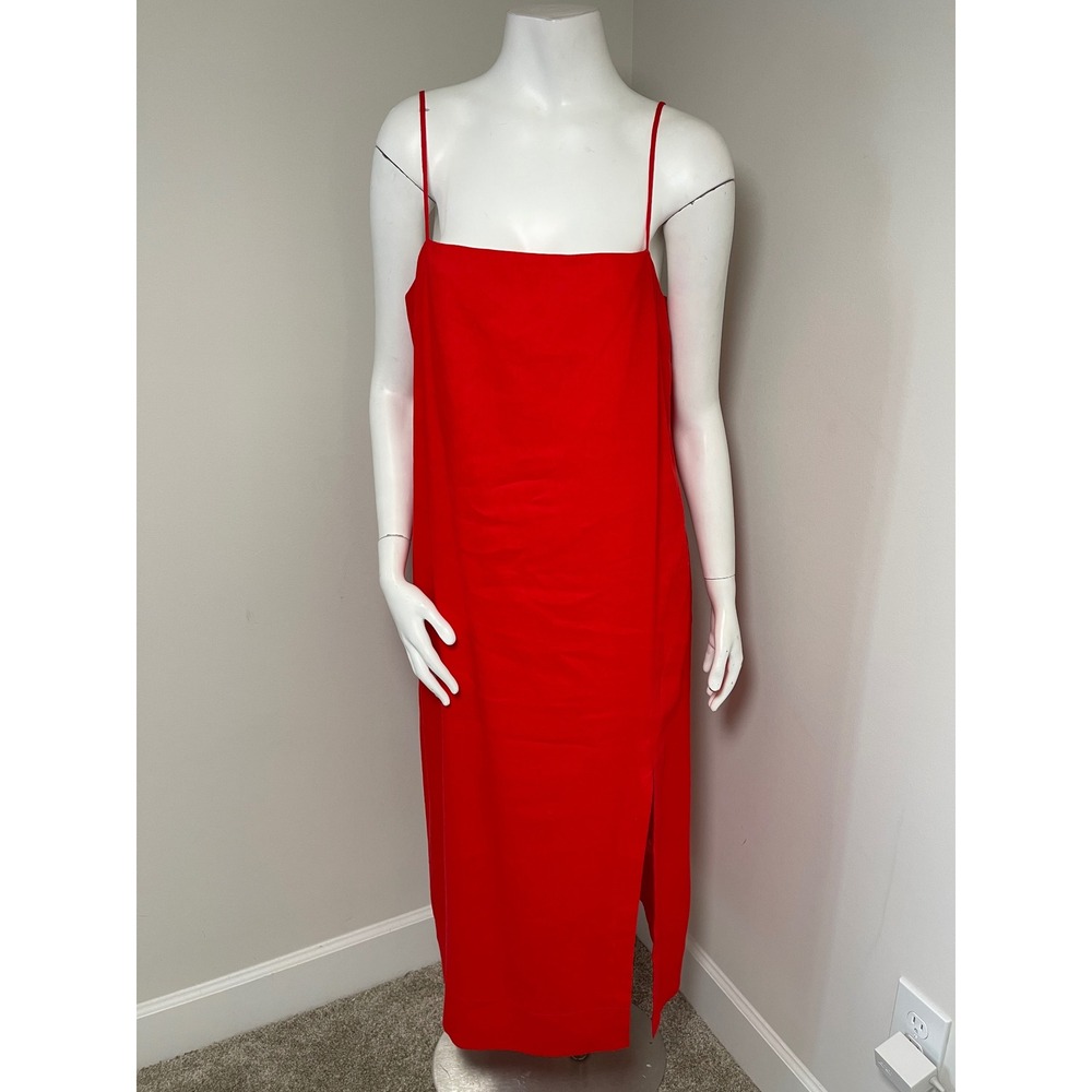Antonio Milano Red Linen Blend Square Neck Midi Dress with Side Slit Size L